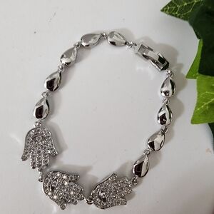 White Gold Pave Crystal Hamsa Hand Link Bracelet